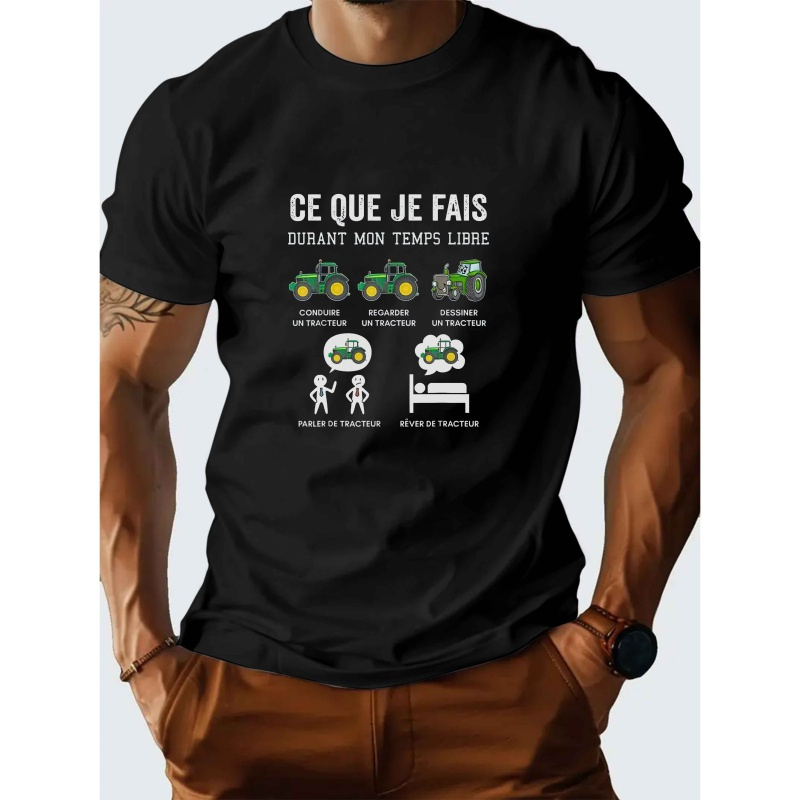 

T-shirt Décontracté pour Homme à Col Rond, Tissu en 100% Polyester, Élasticité Moyenne, Manches Courtes, Coupe Régulière, avec Imprimé Conducteur de Tracteur, pour l'Été