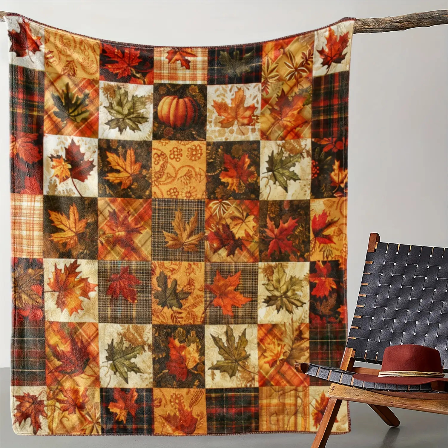 TEMU A Vintage Autumn Pumpkin And Maple Leaf Fleece Blanket - Comfortable And Soft Polyester, Lightweight Nap Blanket For , Suitable For Sofa, Bed,