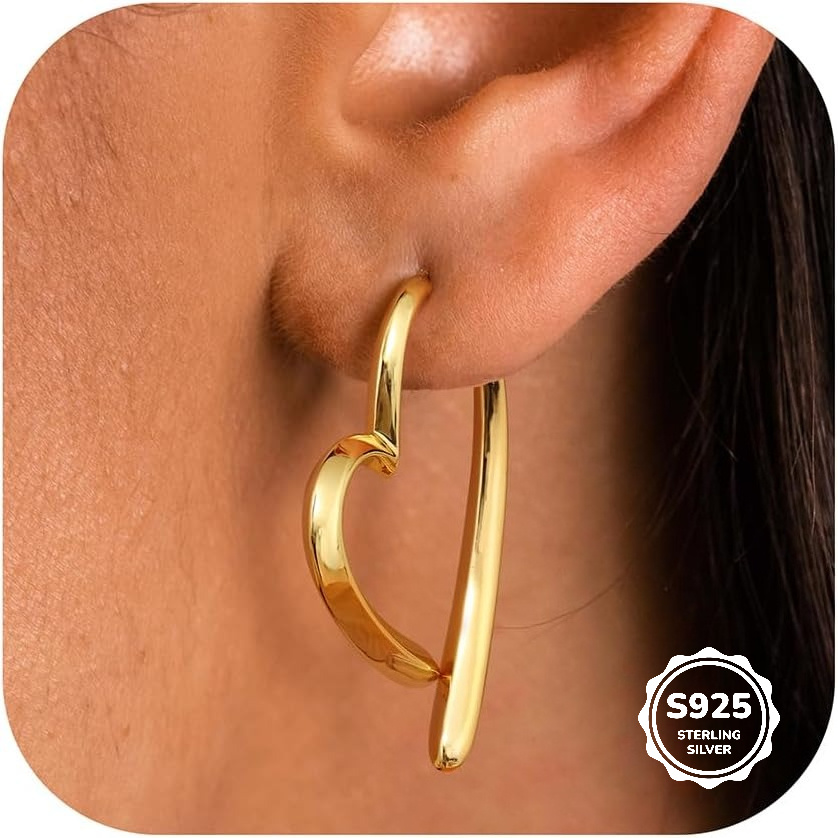 Image of 925 Silver Earrings For Women Heart Hoop Earrings 14k Golden Plated Earrings Small Hoop Huggie Earrings Lightweight Sleeper Earrings Silver Hoop Earrings Golden Earrings For Women