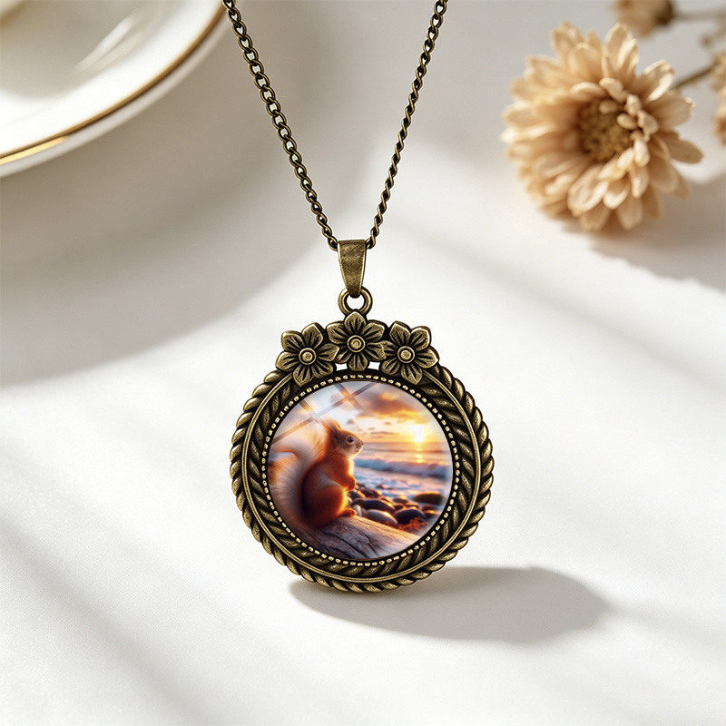 Squirrel Seaside Sunset Round Glass Dome Necklace