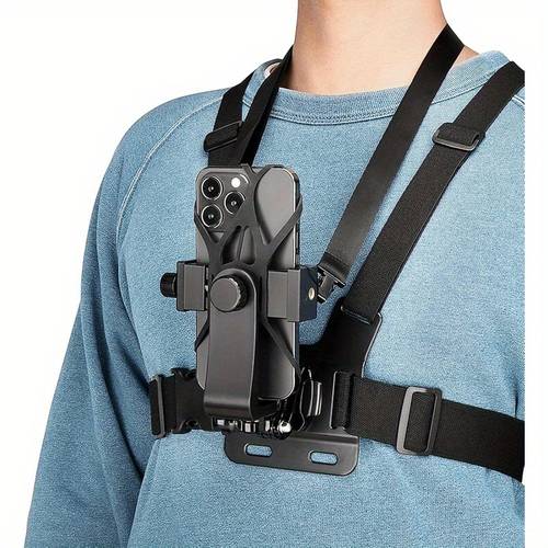 1pc adjustable chest mount phone holder harness compatible with iphone samsung gopro 360 cameras black padded design for biking kayaking fishing skateboarding pov vlog recording sleek durable buckles bike phone holder mount