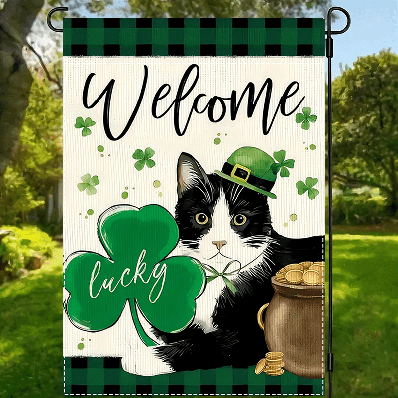 

1pc 's Day Tuxedo Cat Garden Flag, Shamrocks & , Welcome Yard Flag, Double-sided, Waterproof Polyester, Multipurpose Outdoor Decor, 12x18inch