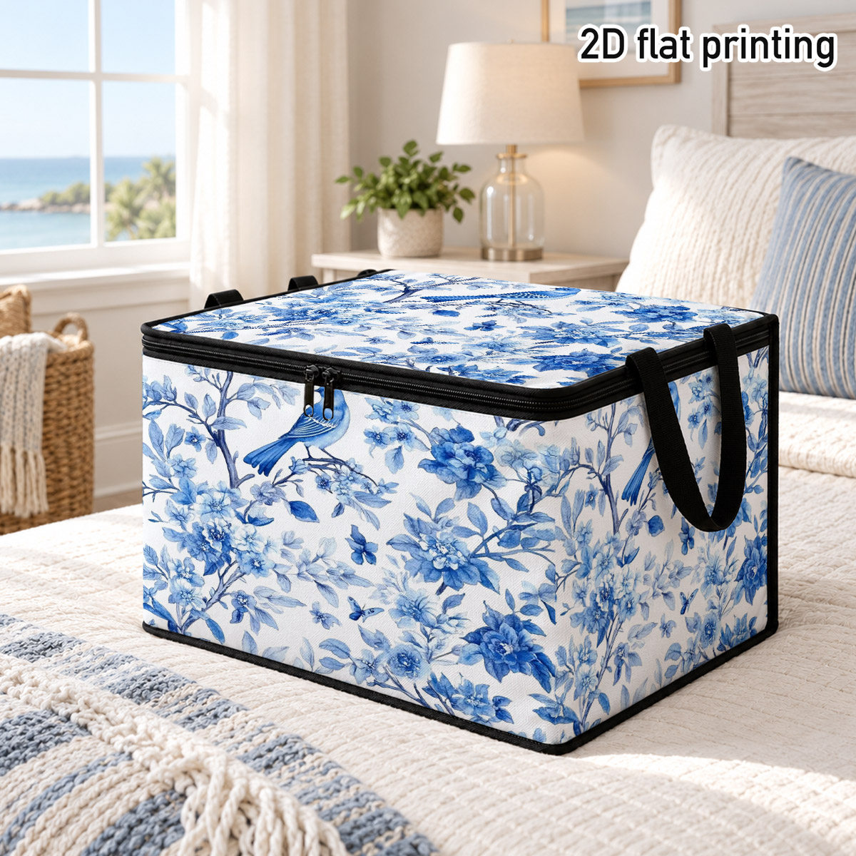 item picture 2D Flat 1pc Large Capacity Shelf Basket, Storage Organizer, Elegant Blue Floral Bird Watercolor Style, Blue Bird Flower Pattern, Closet Storage Box, Sturdy Handles, Large Opening, Bedroom Organization, Dorm Room Storage, Wardrobe Organization