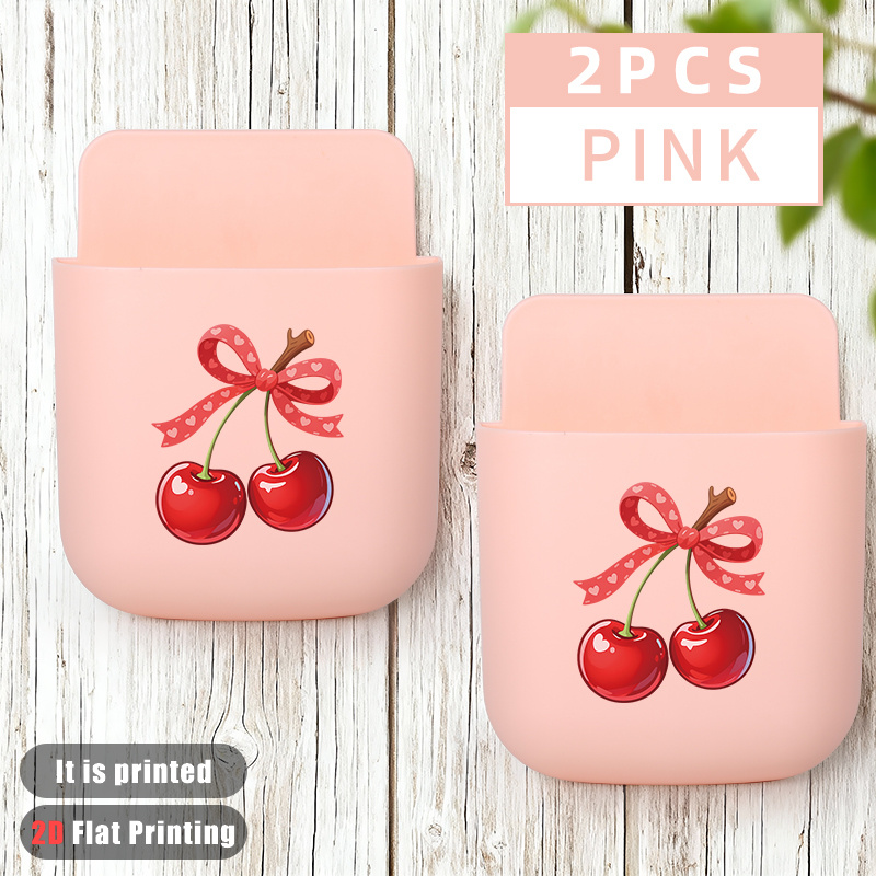 TEMU 2pcs Boîte de rangement multifonctionnelle de cœur avec ruban et motif de cerises, perçage, pour télécommande et téléphone, support de téléphone