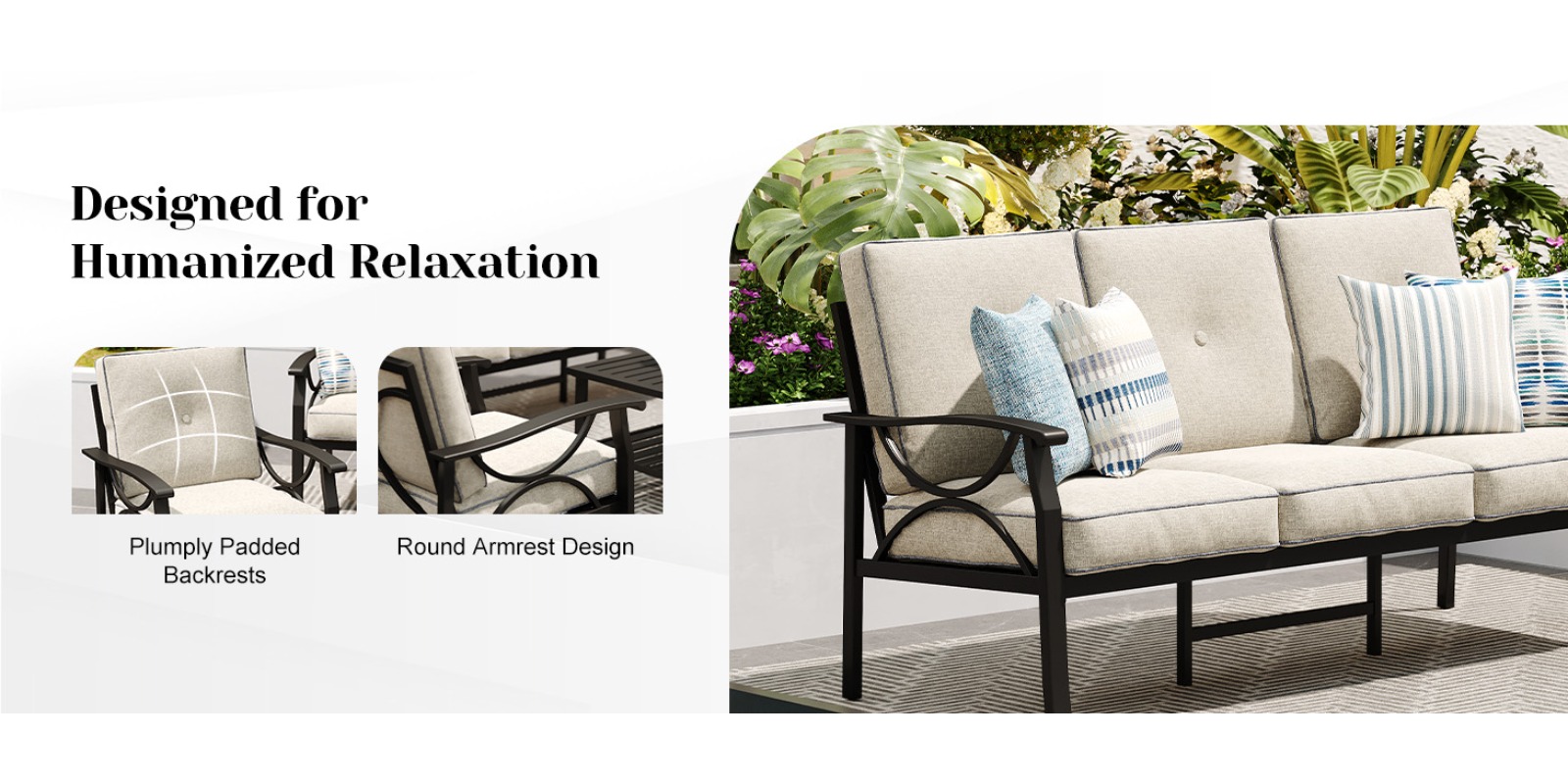 7pcs Outdoor Patio Furniture Set, Outdoor Metal Sectional Furniture with Cushions, Outdoor Conversation Seating Set with Coffee Table for Garden, Balcony, Deck, Backyard, Black