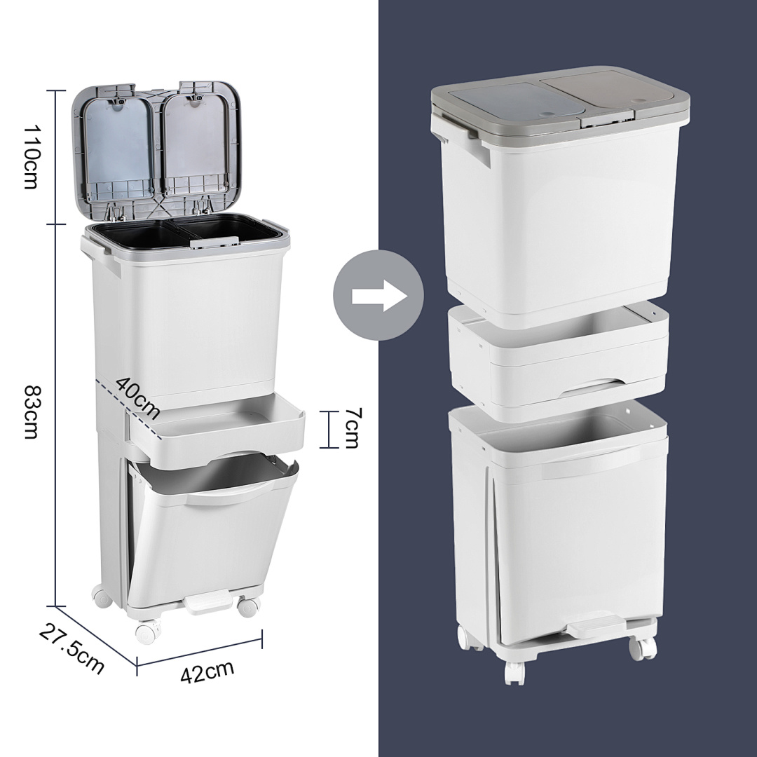 TEMU 3-in- Bin Odor Proof Pedal Bin For Home Kitchen Pp Material Trash Bag Drawer Bin 42l Large Capacity White Removable Inner Buckets Dual