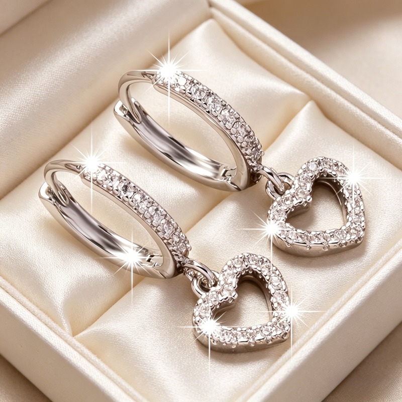Women's Exquisite Heart Pendant Zirconia Earrings, Classic Style