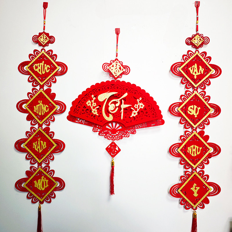 TEMU Vietnamese Text New Year Spring Festival Fan-shaped Hanging Decoration | Flocked Fabric Felt Ornament, Chinese Style, No Electricity Needed