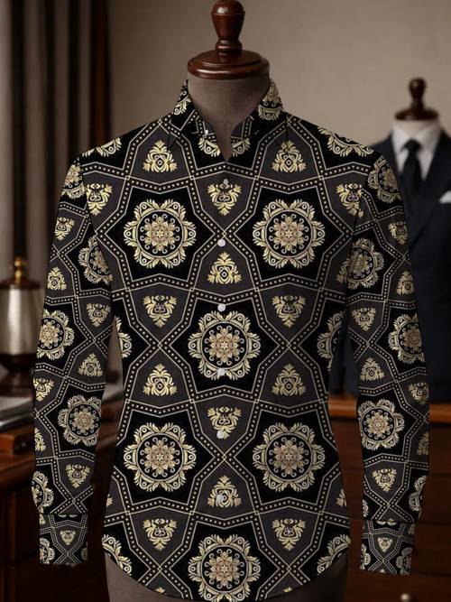Elegant Black and Golden Patterned Shirt for Men Perfect for Formal Events, Parties, and Evening Wear Stylish Design with Comfortable Fit