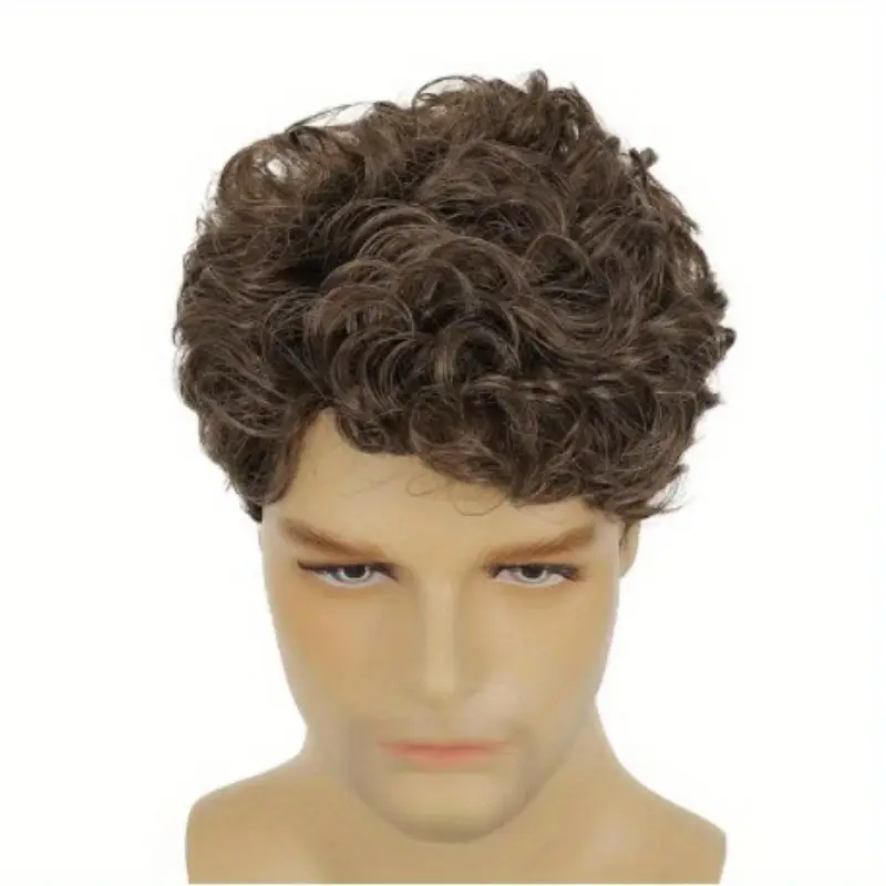 1pc Cool Style Men'S Short Curly Brown Wig - Fluffy Voluminous Synthetic Hairpiece, Easy to Maintain, Comfortable Fit for Daily Wear & Parties details 4