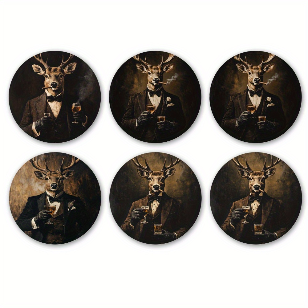 Image of 6 Round Light-colored Wooden Coasters Featuring A Rustic Deer Design, Perfect For And Suitable For Thanksgiving Bar And Home Decor