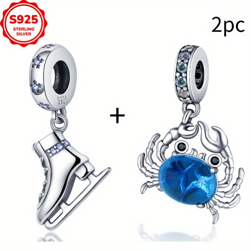 Image of 2pcs Of 925 Sterling Skating Shoes, Crab Pendant, Ladies' Fashionable Charm Beads, Suitable Diy Bracelet Necklace, Engagement Birthday Gift