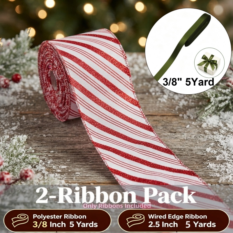 TEMU 2pcs Ribbon Combo | 2.5-inch 5 Yards Wire Edge Ribbon And 3/8-inch 5 Yards Polyester Ribbon, Burlap Wire Edge Tape, Christmas Red Checkered, Bow
