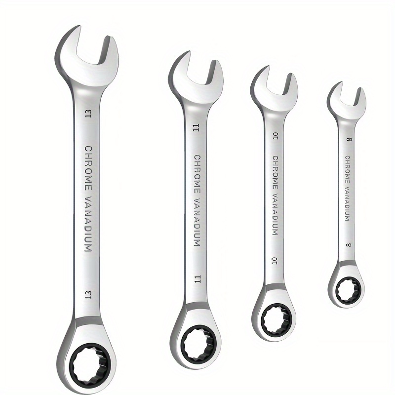 TEMU Set Of 4 Multi-functional Ratchet Wrenches In Sizes 8, 10, 11, And 13mm, Made From High-hardness Chrome Vanadium Steel. This Industrial-grade