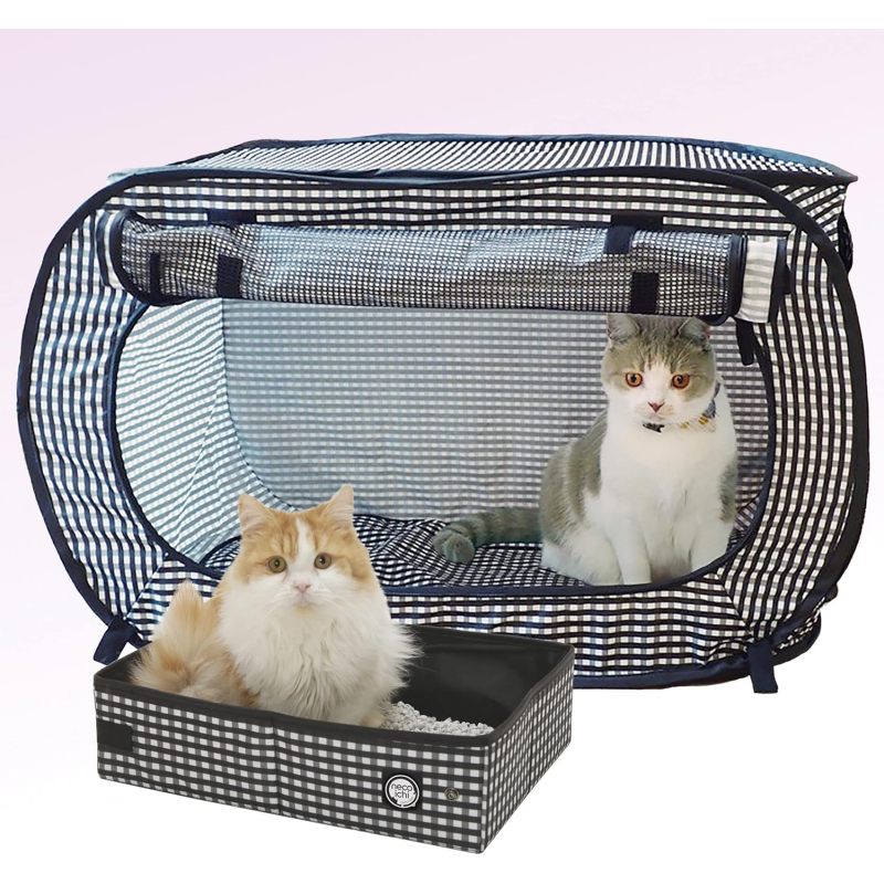 Stress- Free Cat Travel Cage(Carrier) Litter Box Set Collapsible Gray White for 2 Cats 80.77cm L X 11.43cm W X 50.8cm H for Indoor Cats Small Medium Large Cats