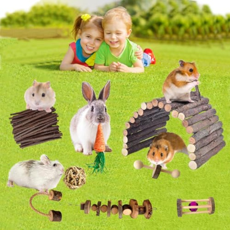 10pcs Rabbit Toys Guinea Pig Toys And Additions for Cage Food Hay Apple Sticks Treats And Chews Rattan Ball Swing Wheel Ramp Hideout Wood Bed Supplies Play Set
