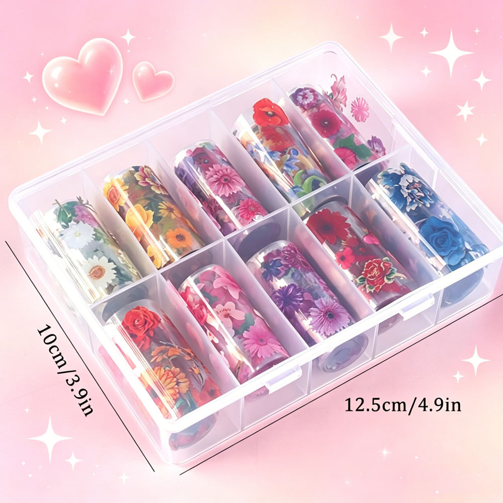 TEMU Floral Nail Foil Transfer Stickers 10 Rolls Mixed Rose Sunflower Daisy Flower Nail Art Transfer Paper, Colorful Nail Decals With Storage Box,