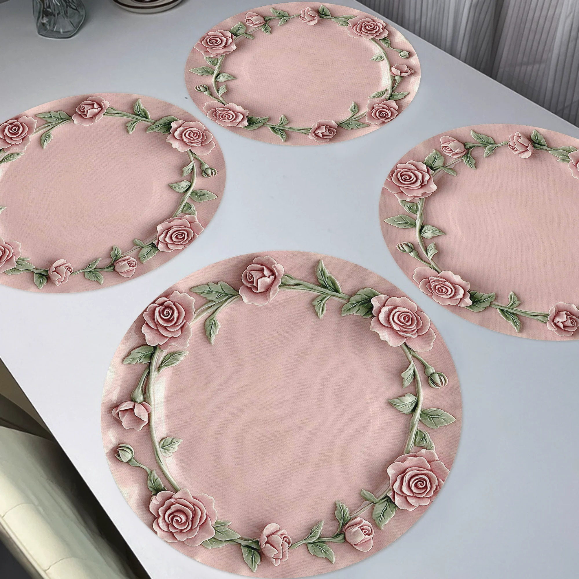 

4pcs Spring Pink Rose Wreath Placemats,round Table Mats For Home Decor Non-slip Washable Place Mats For Daily Banquet Party Dining Table Decoration 15