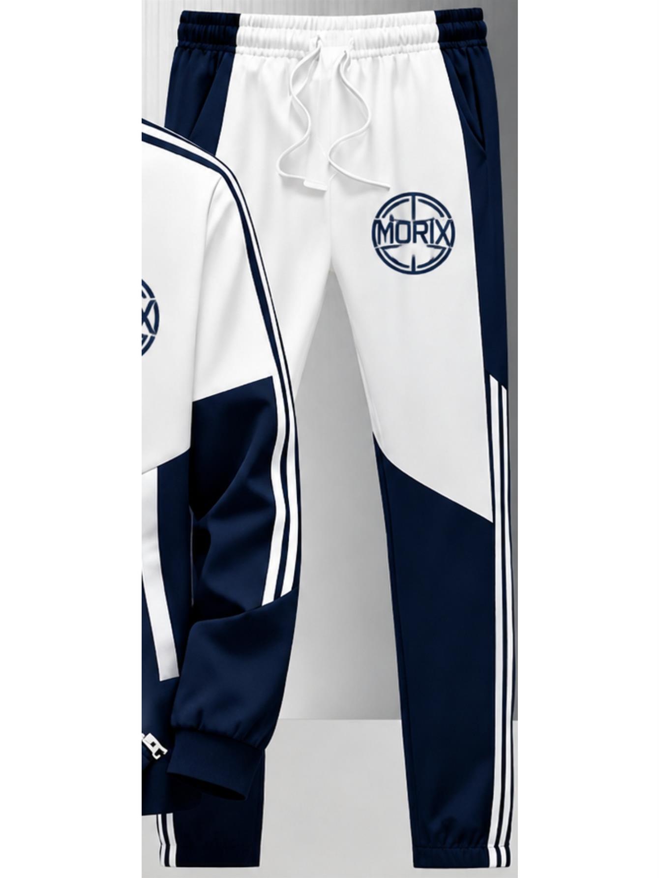 Men's Two-Piece Tracksuit Set with Logo Print, Navy & White