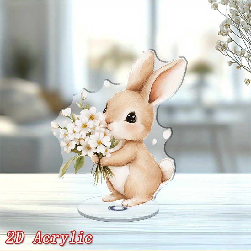 TEMU 2d Flat - A 2d Flat Acrylic Tabletop Decoration Featuring A Watercolor Bunny Bouquet Design, Making It A Addition To . Perfect For Easter Spring