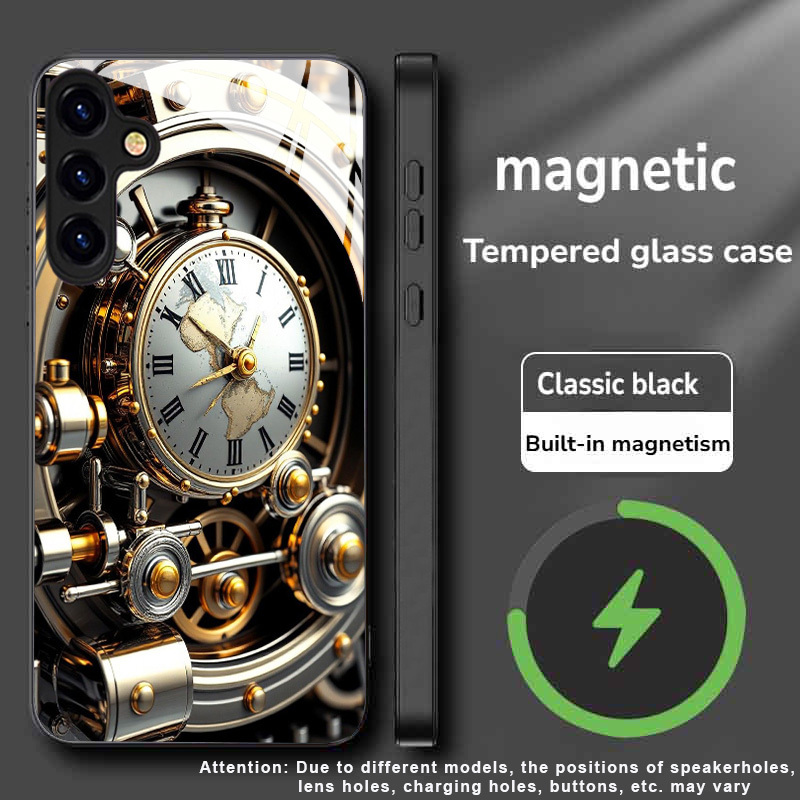 TEMU Phone Case - A Stylish And Elegant Silvery Clock Pattern Magnetic Tempered Glass Phone Case, Compatible With Galaxy
