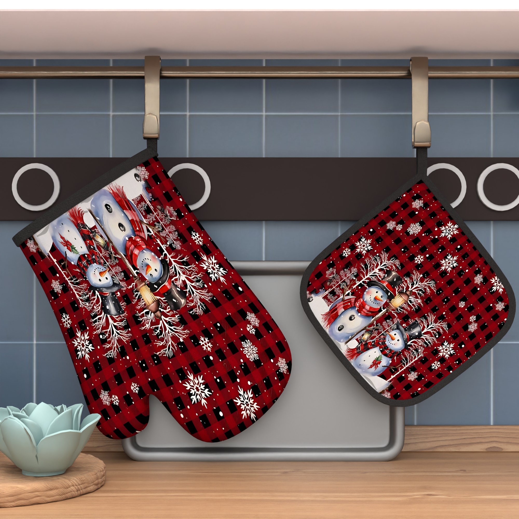 TEMU 2-pack 10..7 Inches Christmas Printed Oven Mitt And Pot Holder Set, Suitable For Kitchen Decor, Cooking And Baking, Camping, Daily Kitchen And
