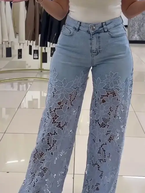 womens high waisted wide leg jeans stretchy non see through pants with lace accent formal everyday jeans for women elegant office party outfits ladies jeans versatile clothing durable fabric casual wear stylish denim fashion women