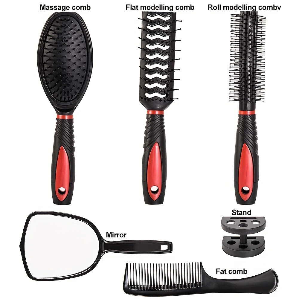 6-delige set unisex professionele haarstylingtools, inclusief hoofdhuidmassager, ontwarrende borstel, kussenvormige borstel, make-upspiegel, geur, geschikt voor normaal tot losser haar