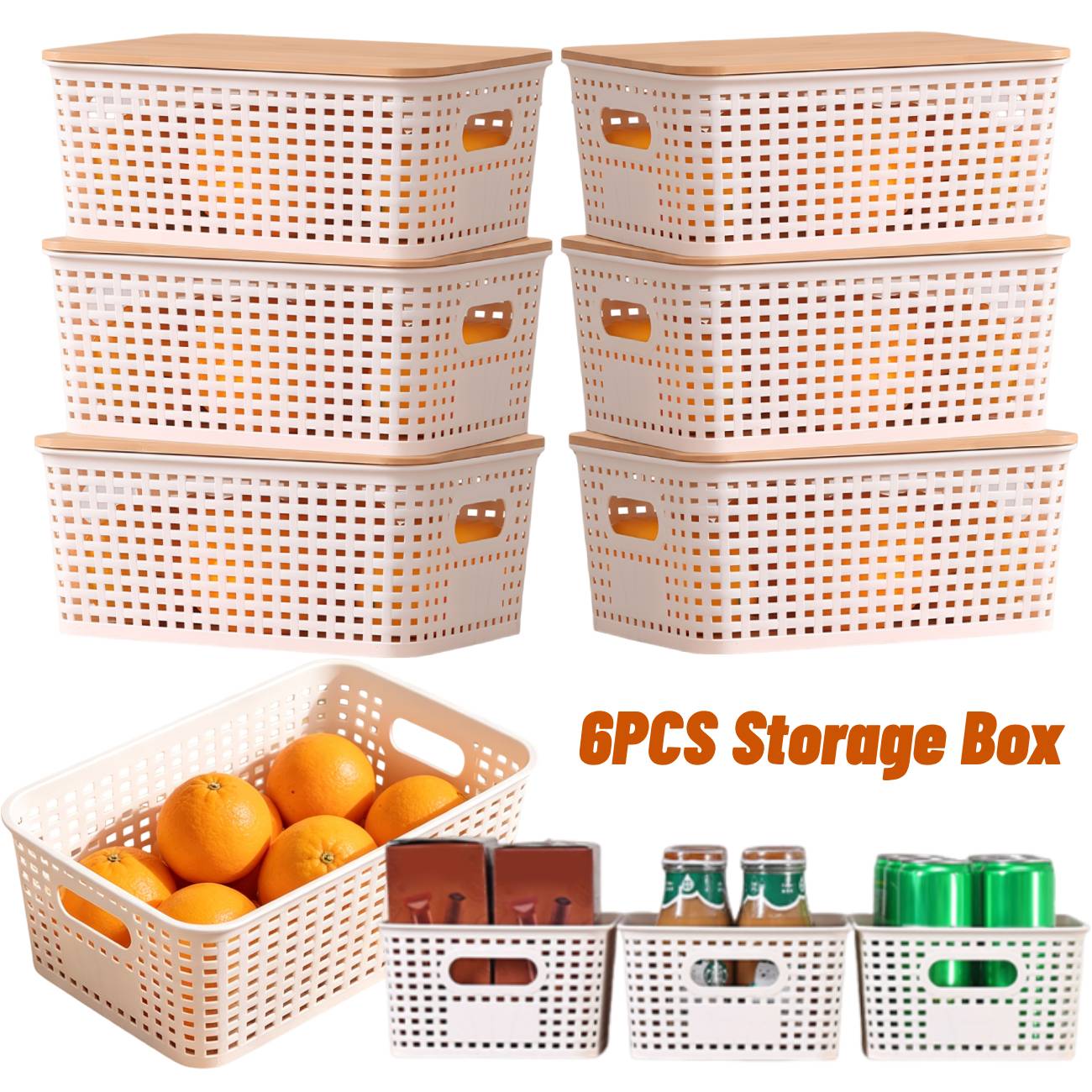 6pcs Stackable Plastic Storage Baskets with Natural Bamboo Lid
