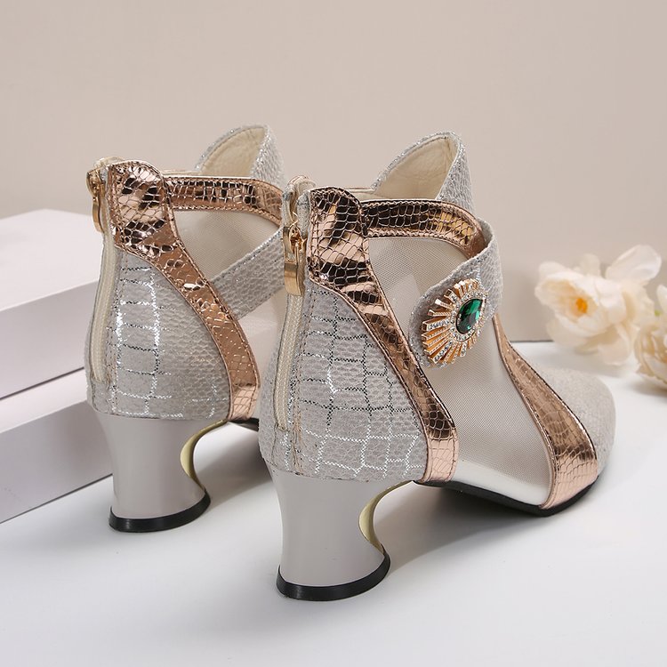 2025 Light Luxury Fashion Pointed Toe Mid-Heel Women's Ankle Boots, New Outdoor Mesh Rhinestone Metal Decor Color-Block Back Zipper Plus Size Fashion Boots, 11 Holiday Versatile Women's Shoes, Holiday Boots, Outdoor Footwear, Retro Style, Versatile