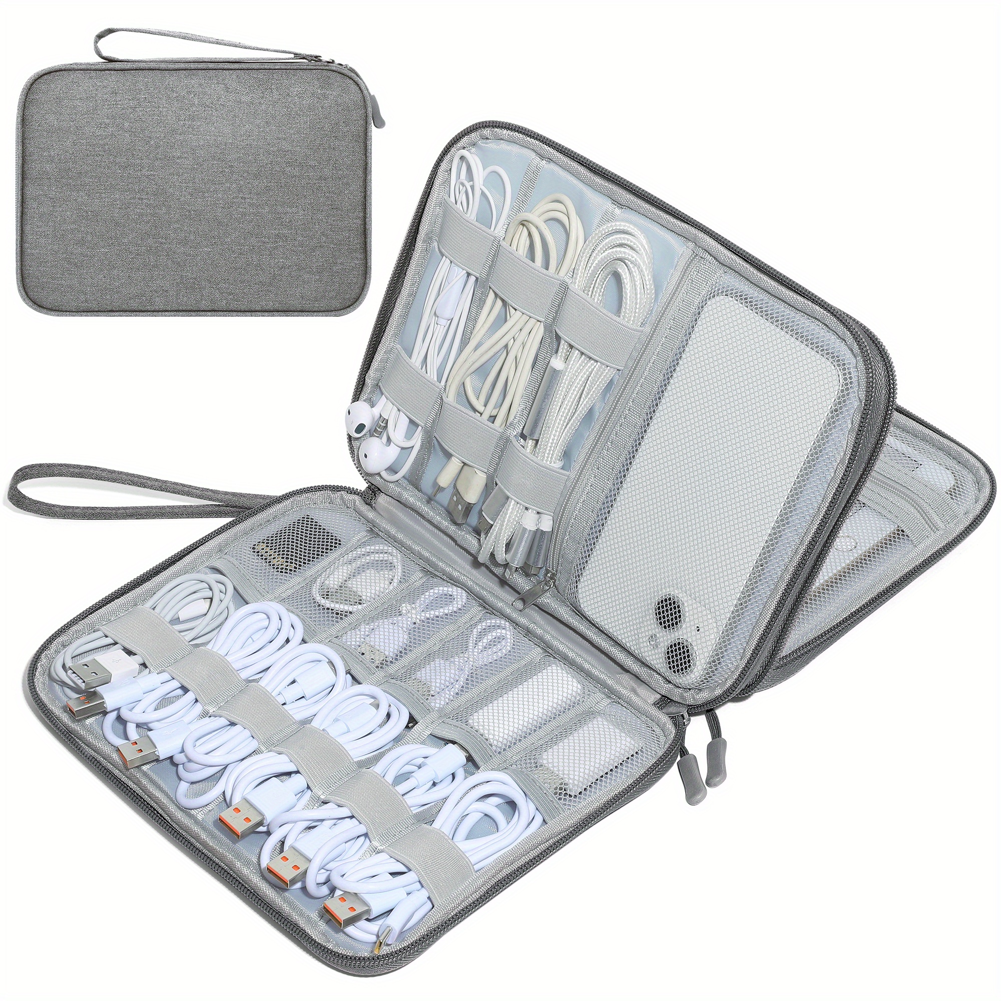 TEMU Double Organizer Bag - Portable Travel Cable And Accessory Case With Padded Compartments For , Phones, Adapters, Power Banks, , Hard Drives -