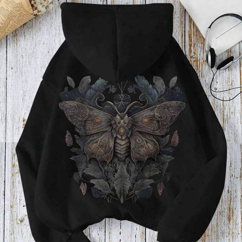 

Women' Hoodie - Casual Long Sleeve With Drawstring, Intricate Moth & Leaf Design, Polyester Knit For Fall & Winter, Casual Wear Hoodie | Hooded Sweatshirt | Smooth Texture Fabric, Sweater Hoodie