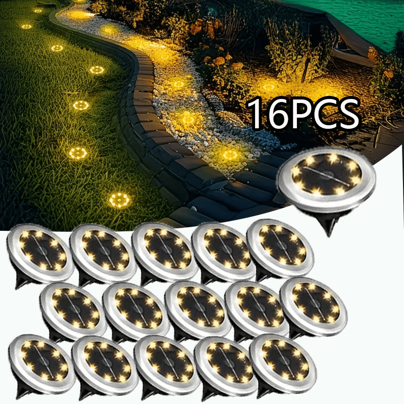 TEMU 24/16pcs Solar Lawn Lights Stainless Steel Outdoor Landscape Lights, 8led Rotating Disc Lights, Solar Ground Spotlights Geographical Lights,