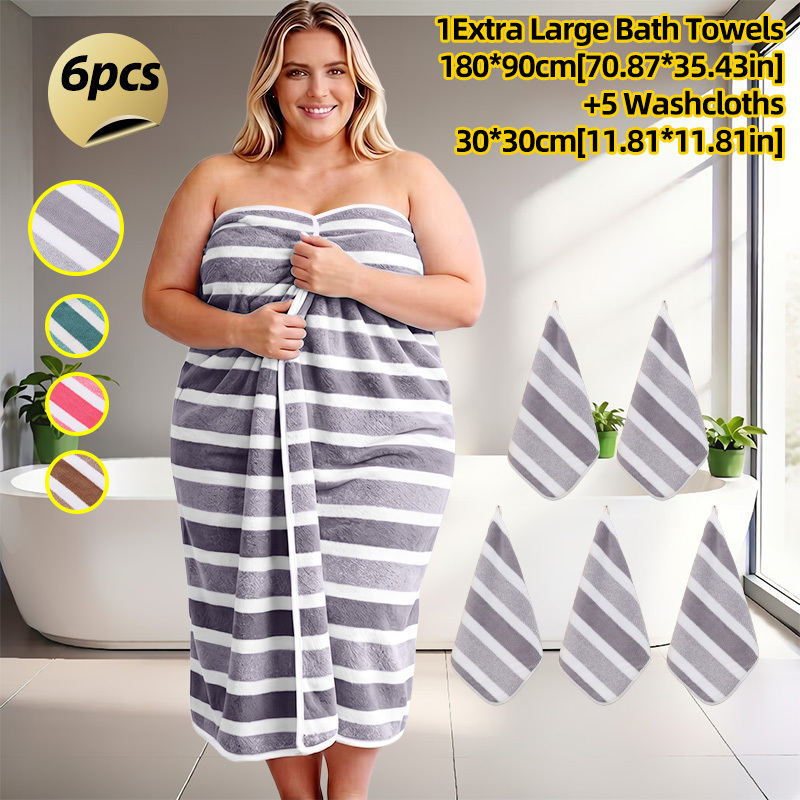 TEMU 6pcs Xxl Oversized Colorful Wide Stripe Bath Towel Set, Includes 1 Oversized Bath Towel 90x180cm   5 Washcloths 30x30cm. Wide Stripe Bath Towel