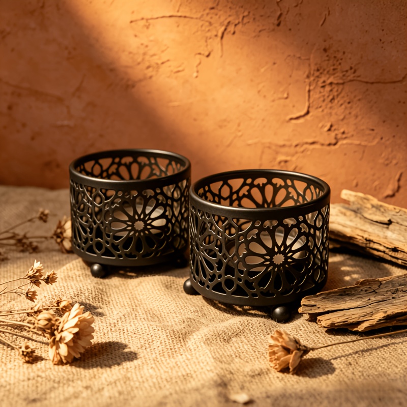 TEMU Set Of 2 Classic Golden& Black Candle Holders| Vintage Hollow Iron Candle Stands Home Decor Living Room& Bedroom, Wedding& Party Table