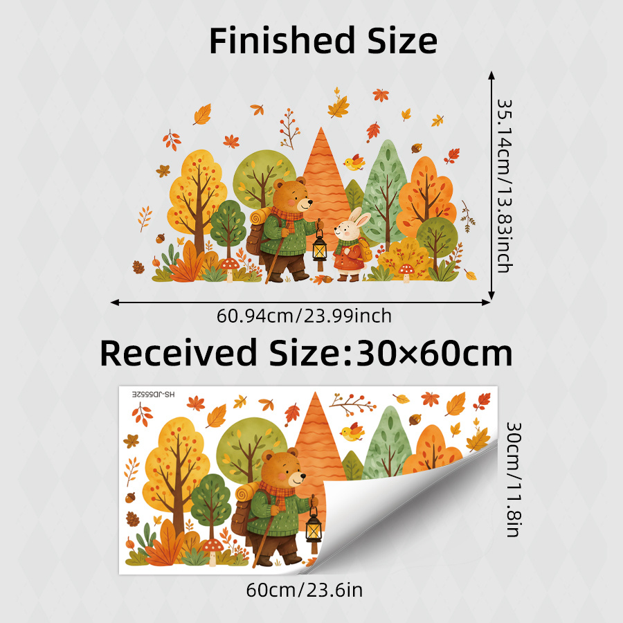 Image of 1pc Autumn Forest Animals Window Sticker, Cartoon Bear & Rabbit Hiking Decor, Fall Leaves Vinyl Decal For Home Room, Static Cling No Glue, Cute Room Window Art