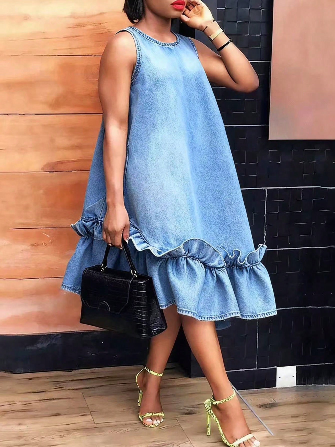 GlOURI Women'* Blue Denim Midi Dress - Round Neck with Sleeveless & Ruffle Hem Detail