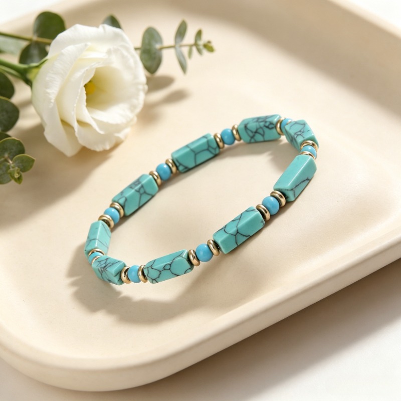 Natural Turquoise Rectangular Elastic Bead Bracelet