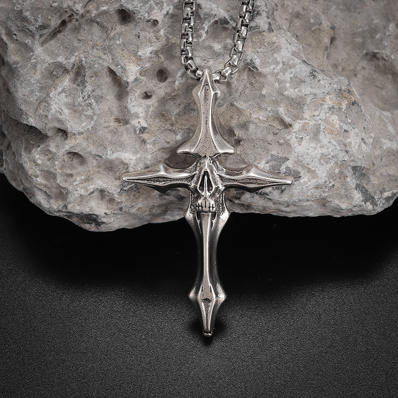Punk Dark Skull Bone Cross Necklace, Trendy Pendant