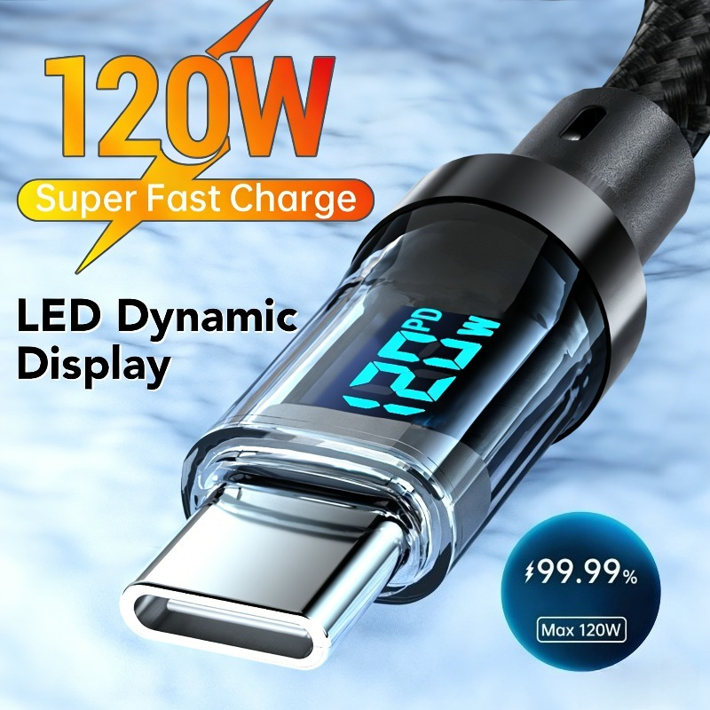 120W 6A 快速充电线 | USB Type-C 充电线，带 LED 显示屏 - 设备快速安全充电解决方案，光面表面，扁平形状