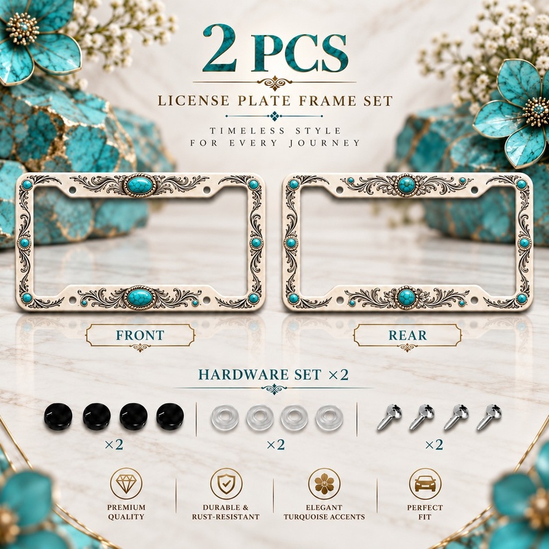 TEMU 2pcs Set Turquoise Print Luxe Western License Plate Frames, Rectangular Car Additions For Car Owners, For Commutes And Road Trips, Birthday Gift