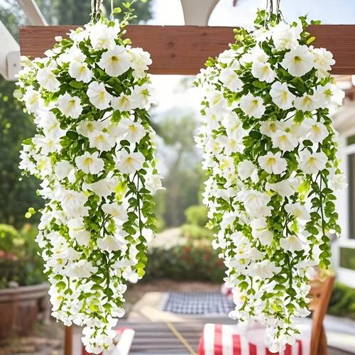2pcs uv resistant artificial hanging flowers with textile eucalyptus leaves realistic outdoor indoor decor for home office garden no maintenance year round holiday decor thanksgiving christmas halloween valentines mothers day flowers decoration outdoor floral display vibrant floral display realistic leaf design