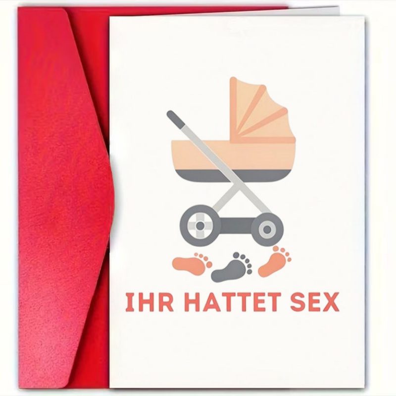 TEMU Humorous Baby Stroller And Footprints Greeting Card - Soft Orange/gray Design, Style For Expecting Parents, Ideal For Pregnancy Announcement,