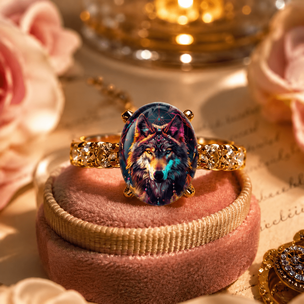 Vintage Gothic Wolf Inlaid Band Ring, Unique Animal Design