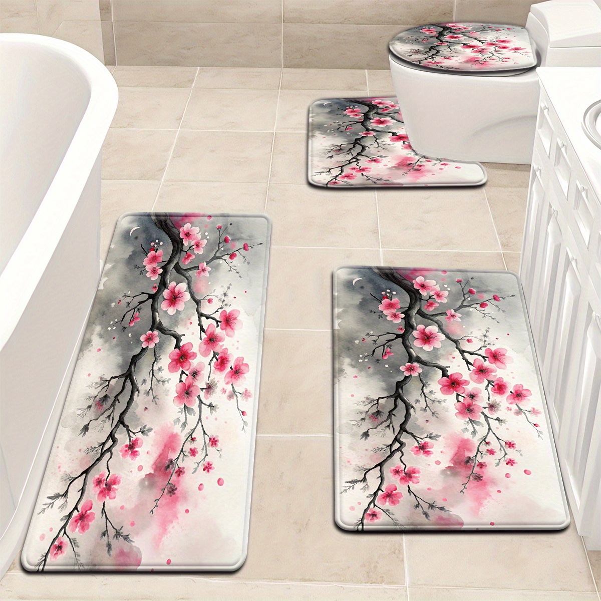 TEMU 3pcs/4pcs Single Plum Pattern Bathroom Floor Mat Set, Toilet Seat Cover, U-shaped Foot Mat. Soft Flannel Fabric, Non-slip And Machine Washable,