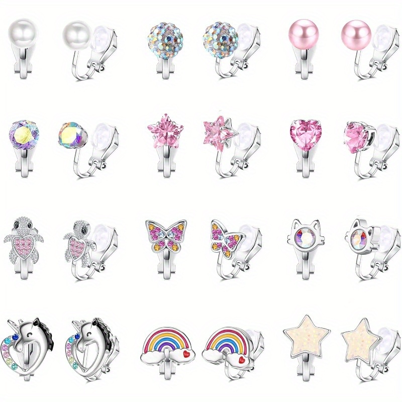 E-shop 12 Paar CZ Tier Ohrstecker Set - Niedliche Katze Stern Herz Schildkröte Schmetterling Clip-on Ohrringe, Nicht durchstochene Fake Ohr Schmuck für