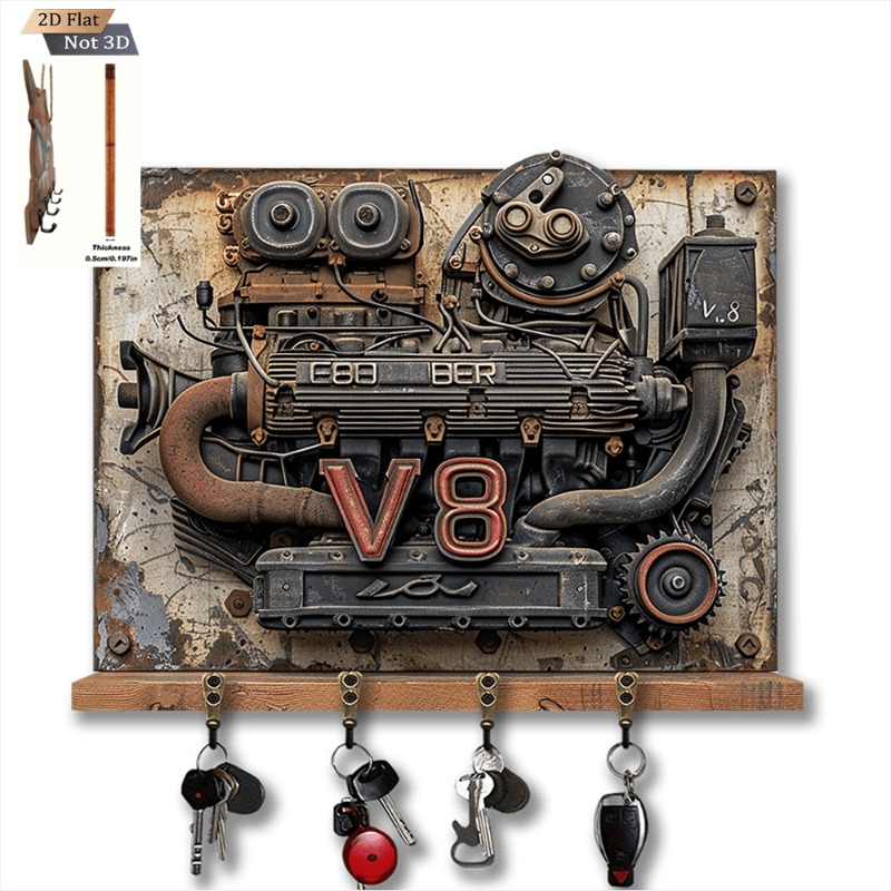 TEMU 1pc, 2d Flat Vintage -shaped Wooden Key Holder, Rustic-style Wall-mounted Key Storage Box, With 4 Metal Hooks. Suitable For Wall Decor, Porch