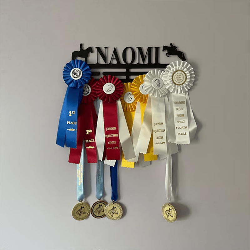 TEMU 2d Flat, Ized Horse Medal Display Hanger With Custom Name/number Monogram - 12- Medal Ribbon Holder For Equestrian Awards, Kids Room Sports