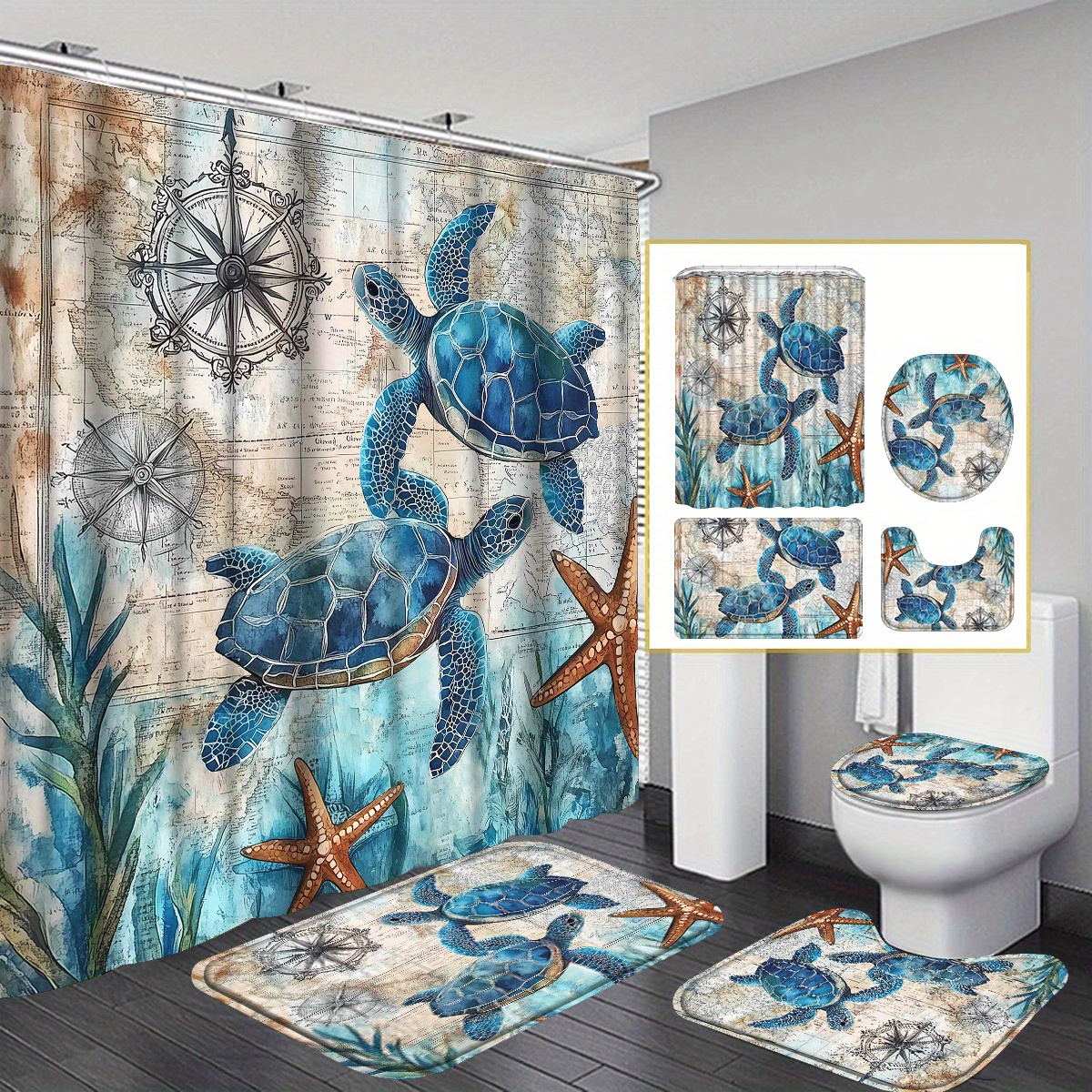 TEMU 4pcs Sea Turtle Shower Curtain Set, Starfish Seaweed Coral Bathroom Sets With Non-slip Rugs, Toilet Lid Cover And Bath Mat, Landscape Shower