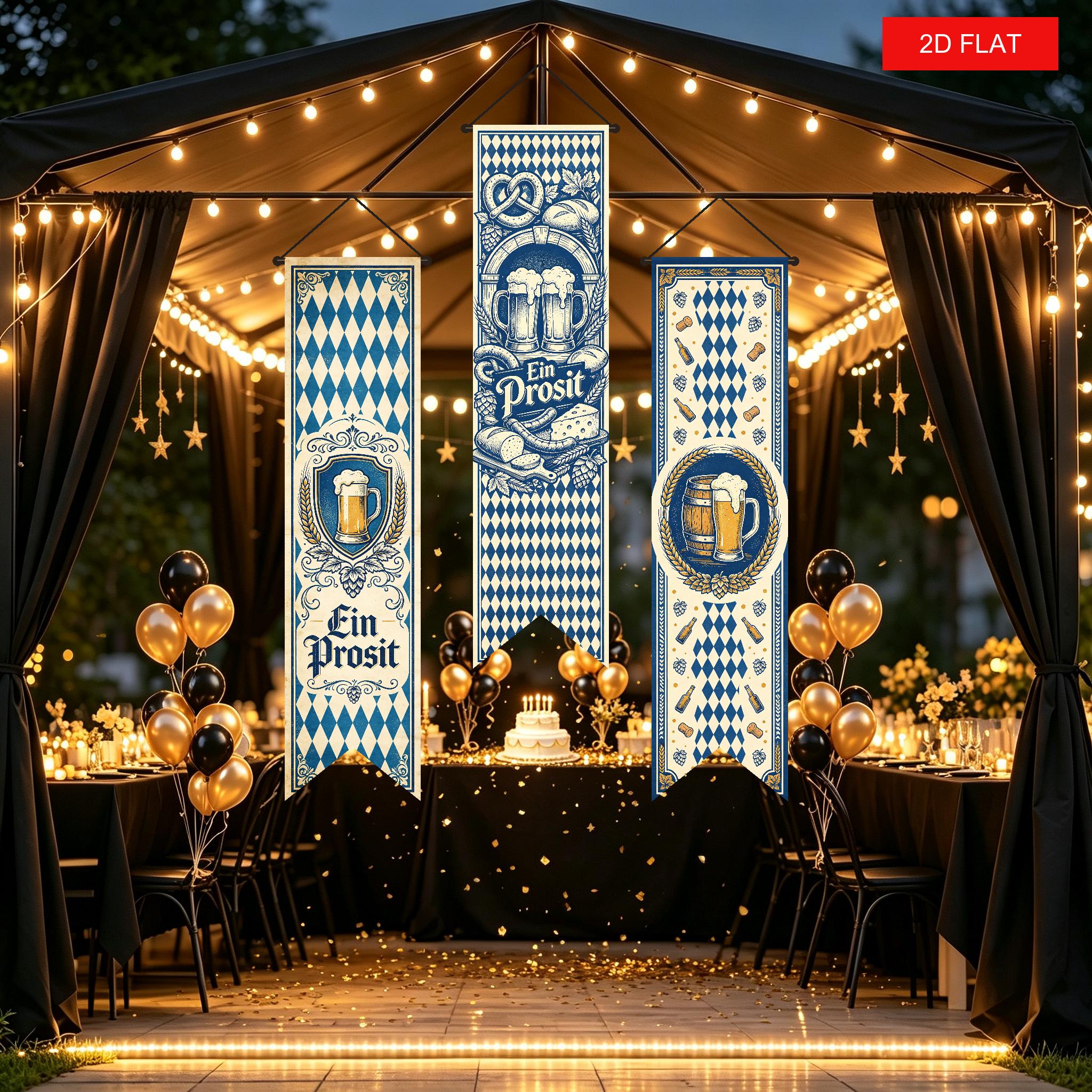 TEMU Bannière plate 2D, 2D Flat, 2D Flat, ensemble de 3 pièces, bannière de porte pour l'Oktoberfest , thème motif de et , "", mugs à bière, fûts,